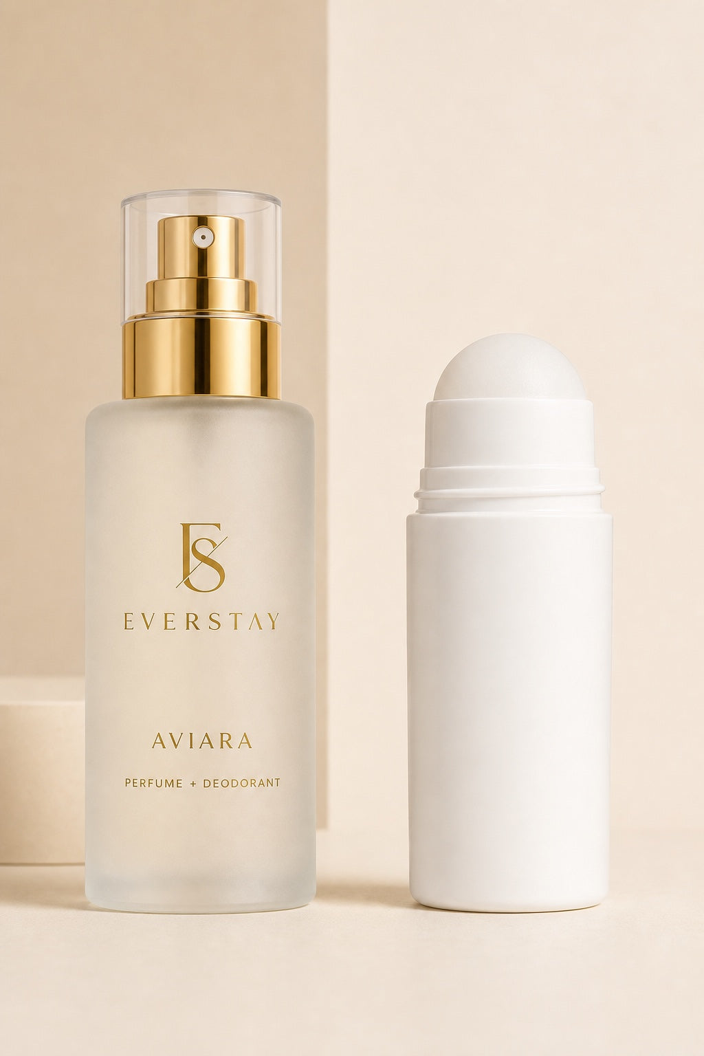 EVERSTAY Aviara Perfume and Deodorant bottle beside an ordinary roll-on deodorant