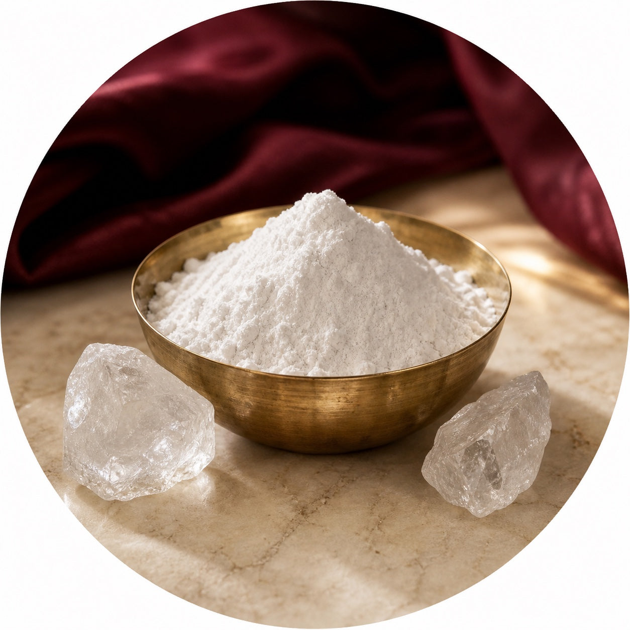 Fine alum powder with natural alum crystals