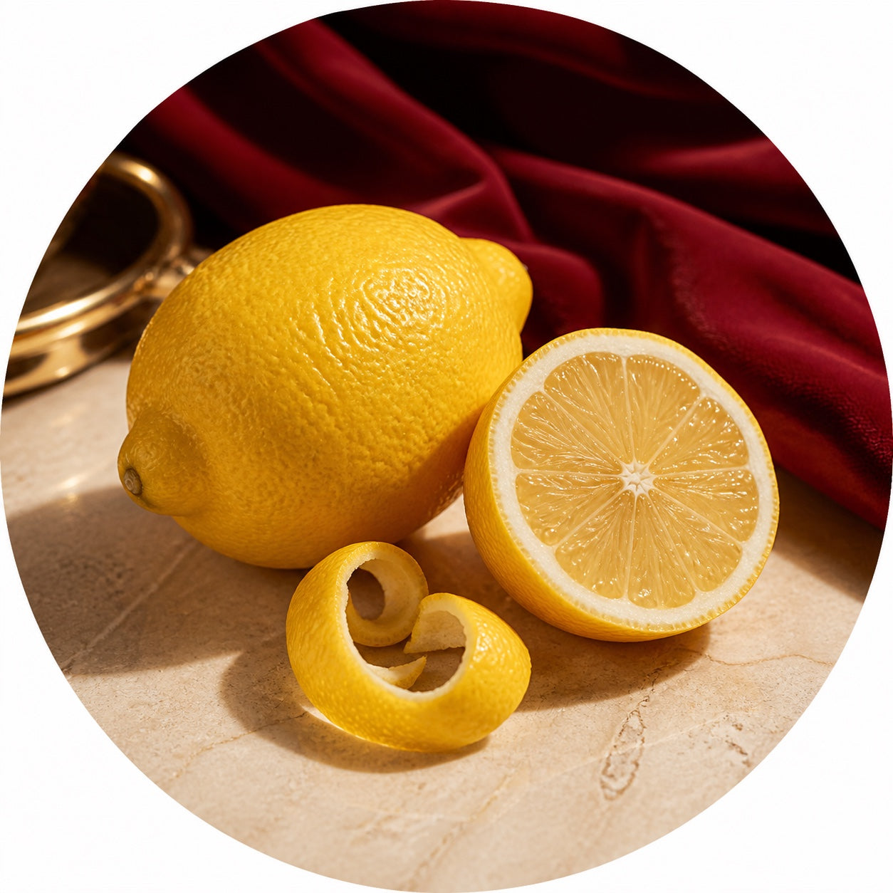 Fresh lemon, lemon half, and peel