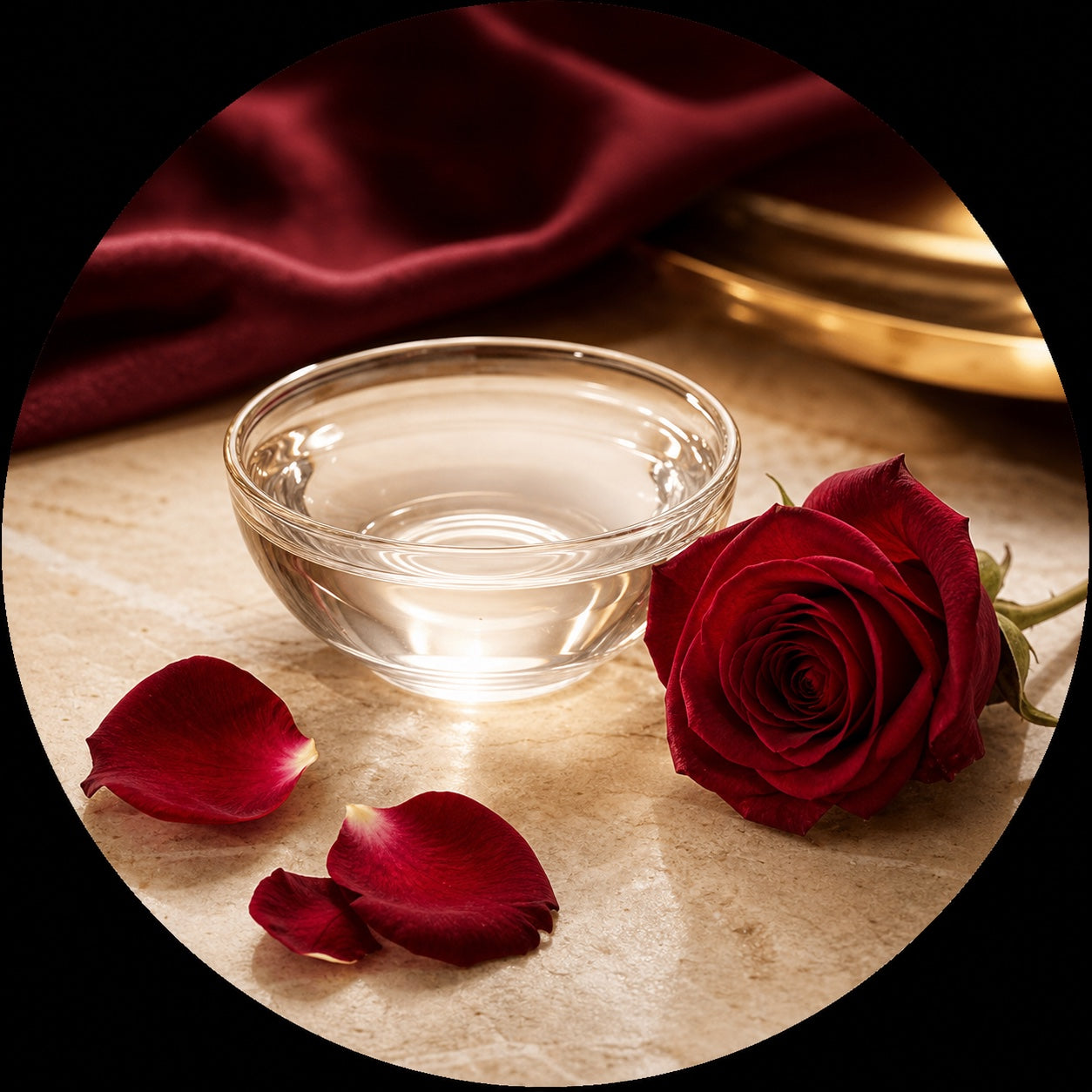 Clear rose water with a deep red rose and petals