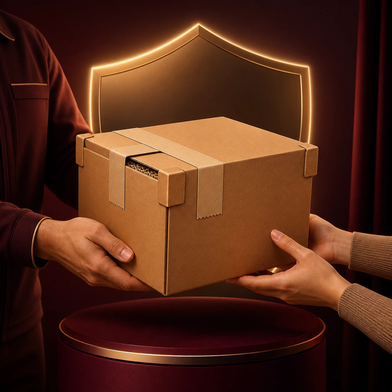 Plain sealed shipping carton with protective seals being handed safely to a customer